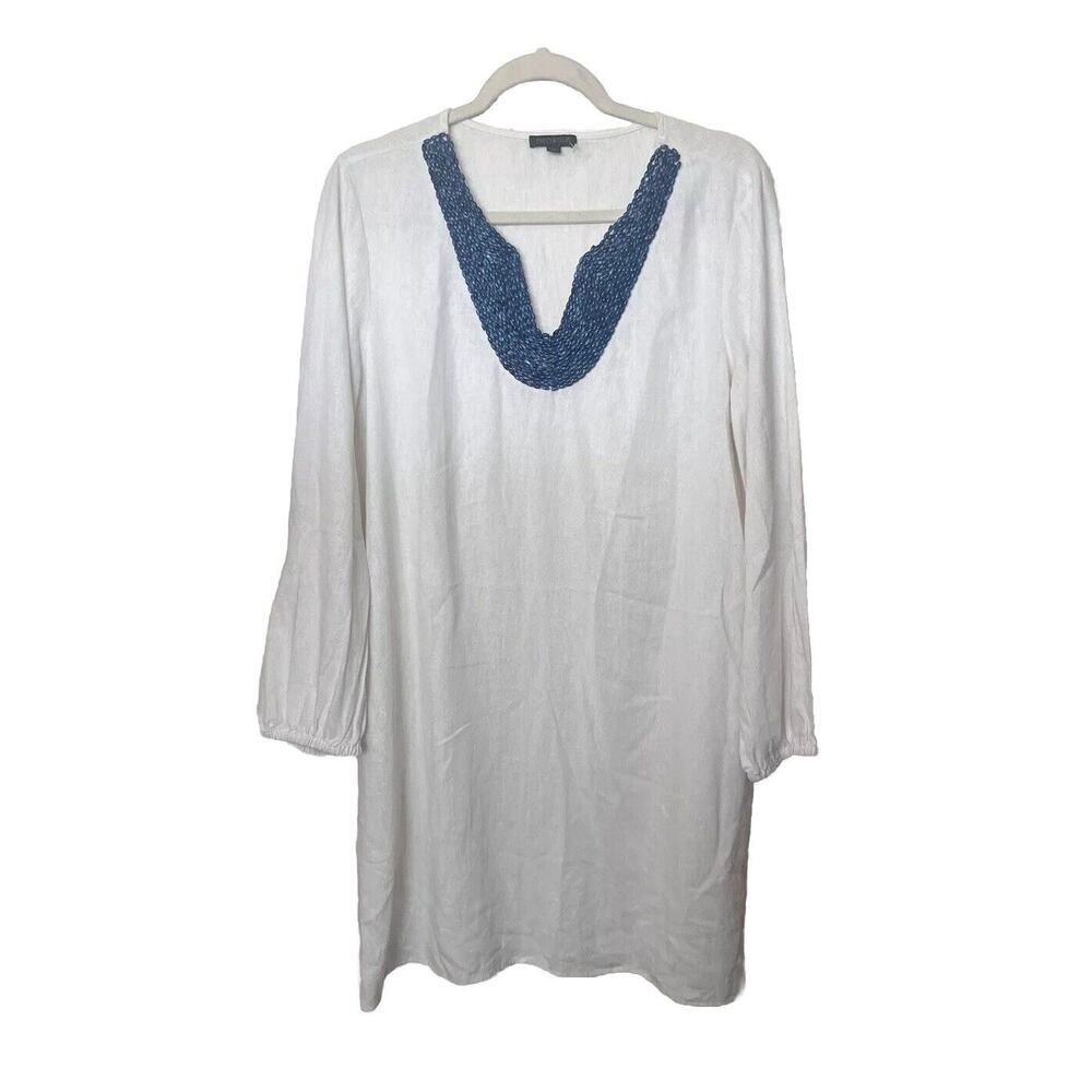 For Cynthia Women’s Sz Large White Blue Beaded Long Sleeve Linen Blend Dress